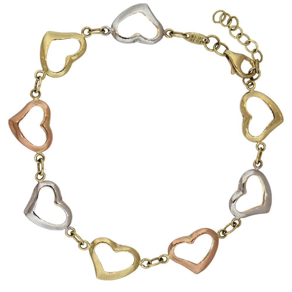 BRAZALETE CORAZONES 3 OROS 10 K.